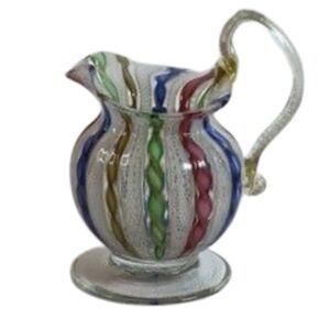 VINTAGE RARE MURANO ITALY VENETIAN ZANFIRICO LATTICINO RIBBON FOOT GLASS PITCHER